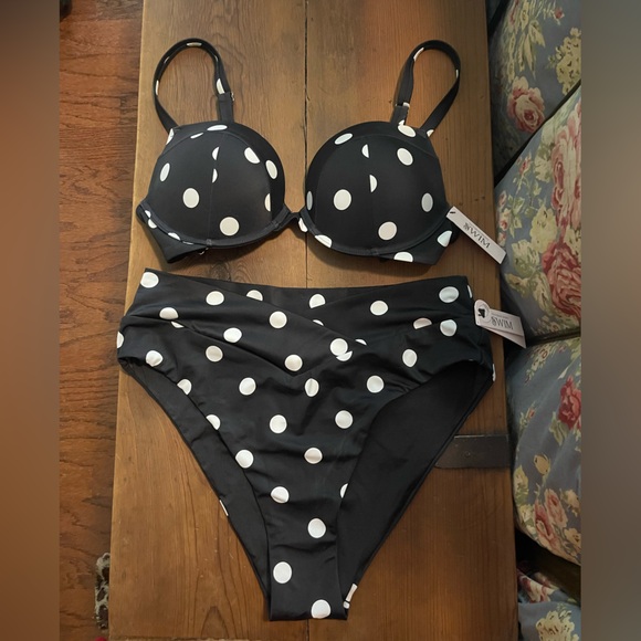 Victoria's Secret Other - NWT Victoria's Secret Black White Polka Dot Two Piece Bathing Suit LG Bottom 38B